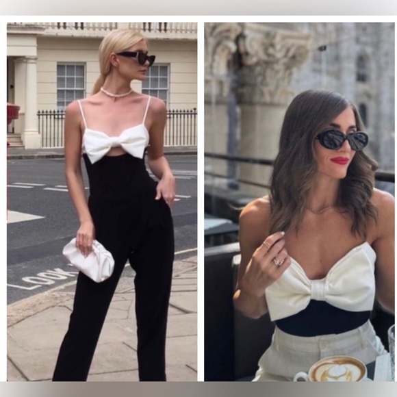 Zara Tops - NWT Viral Zara Influencer Bow Tie Black and White bodysuit size Large
